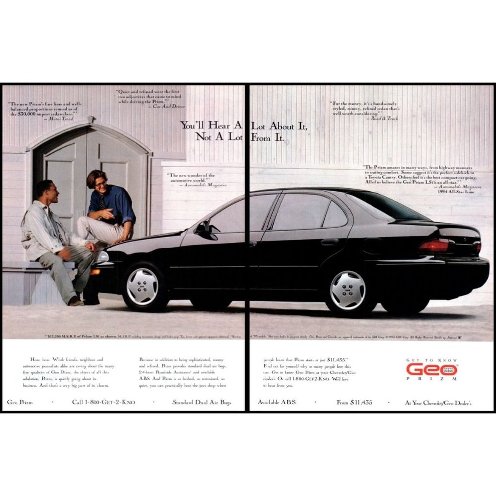 1994 Geo Prizm Compact Sedan 2 Page Vintage Print Ad Wall Art Photo